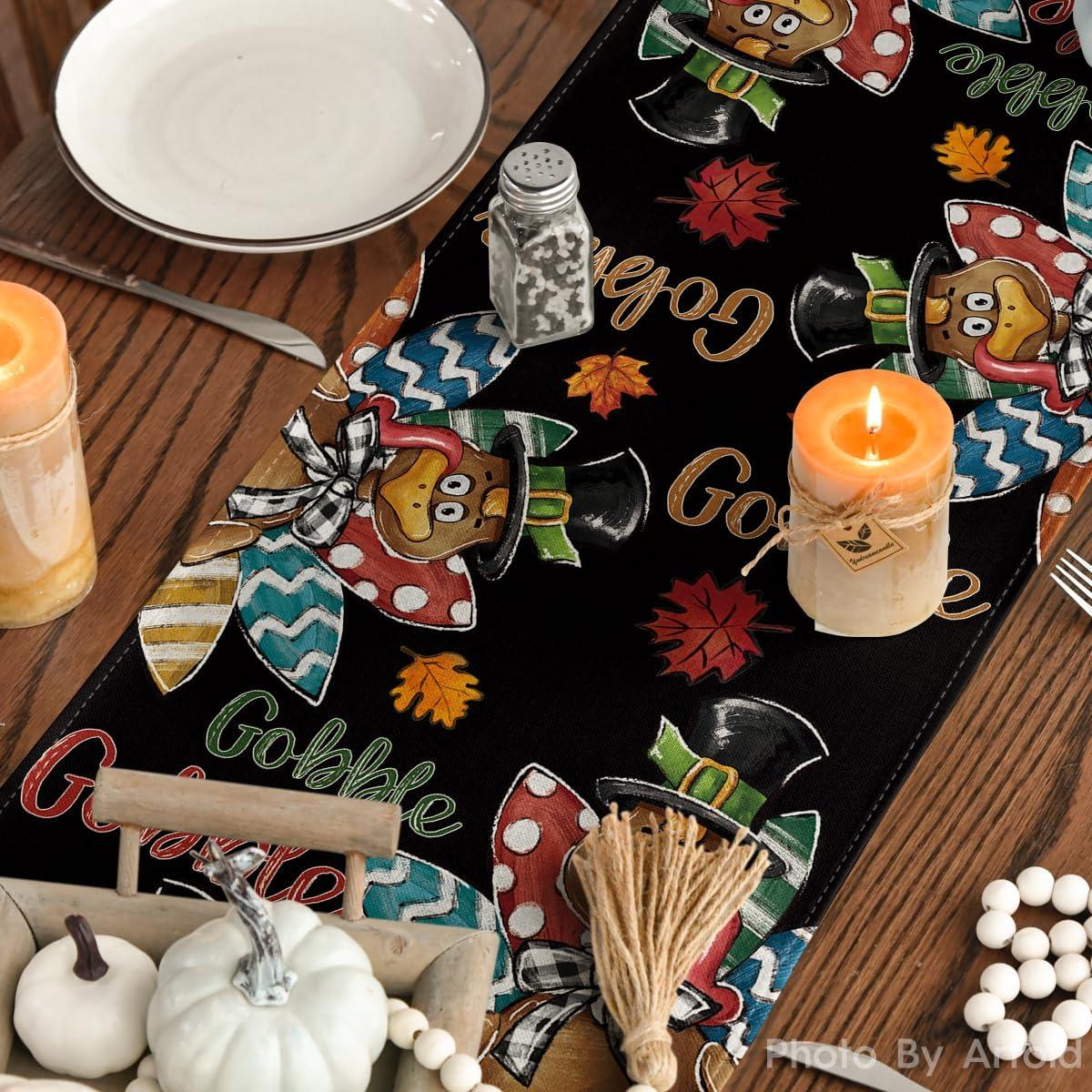 imageArtoid Mode Black Gobble Turkey Pumpkin Thanksgiving Table Runner Fall Autumn Harvest Kitchen Dining Table Decoration for Home Party Decor 13x72 InchBlack