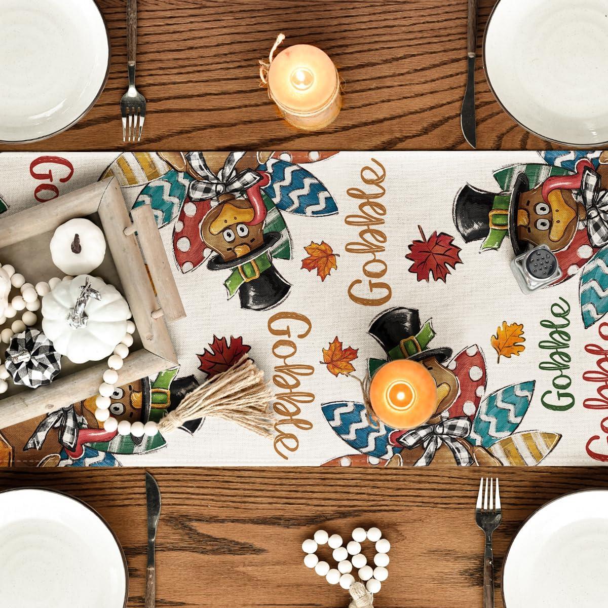 imageArtoid Mode Black Gobble Turkey Pumpkin Thanksgiving Table Runner Fall Autumn Harvest Kitchen Dining Table Decoration for Home Party Decor 13x72 InchBeige