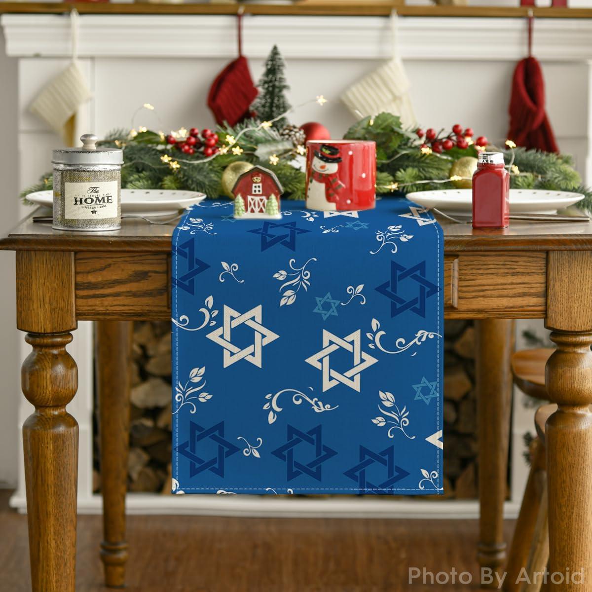 imageArtoid Mode Blue Hexagram Hanukkah Table Runner Star of David Jewish Menorah Passover Holiday Kitchen Dining Table Decoration for Indoor Outdoor Home Party Decor 13 x 72 InchBlue