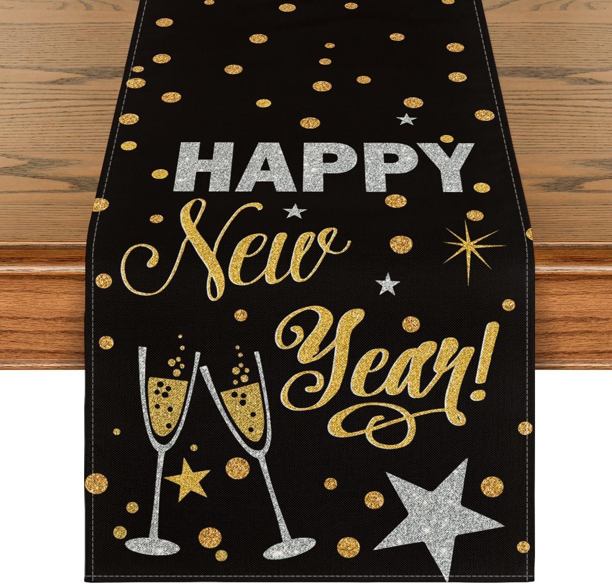 imageArtoid Mode Cheers Black and Gold 2025 Happy New Year Table Runner Xmas Winter Holiday Kitchen Dining Table Decoration for Indoor Outdoor Home Party Decor 13 x 72 Inch13 x 108
