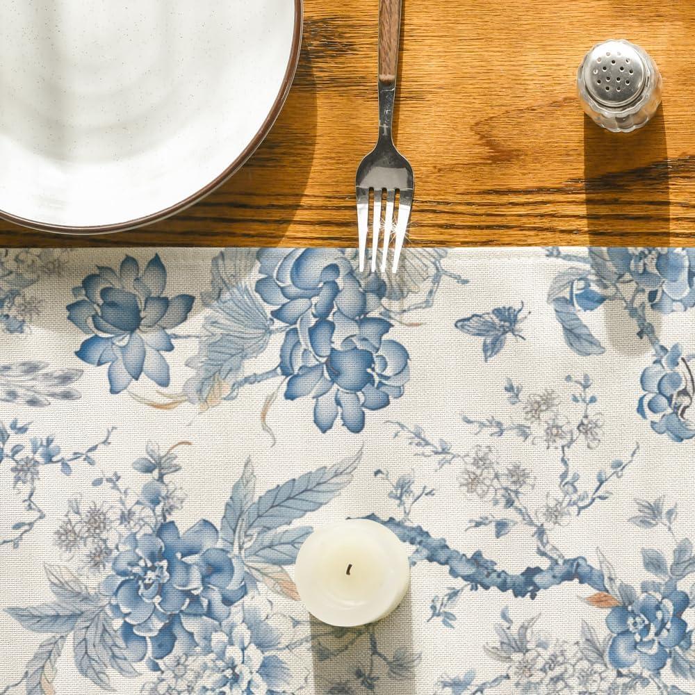 imageArtoid Mode Peacock Flower Chinoiserie Pompon Fall Table Runner Seasonal Modern Kitchen Dining Table Decoration for Home Party Decor 13x72 InchBlueWhite