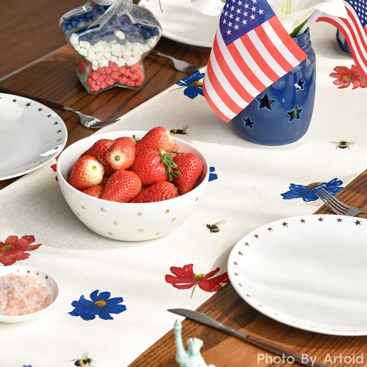 imageArtoid Mode Poppy Floral Bee 4th of July Patriotic Memorial Day Table Runner Independence Day Kitchen Dining Table Decoration for Home Party Decor 13x72 Inch