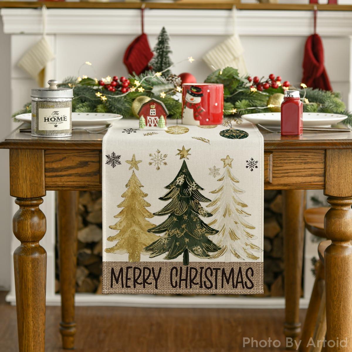 imageArtoid Mode Red Pine Trees Merry Christmas Table Runner Winter Xmas Holiday Kitchen Dining Table Decoration for Home Party Decor 13x72 InchBeigegold