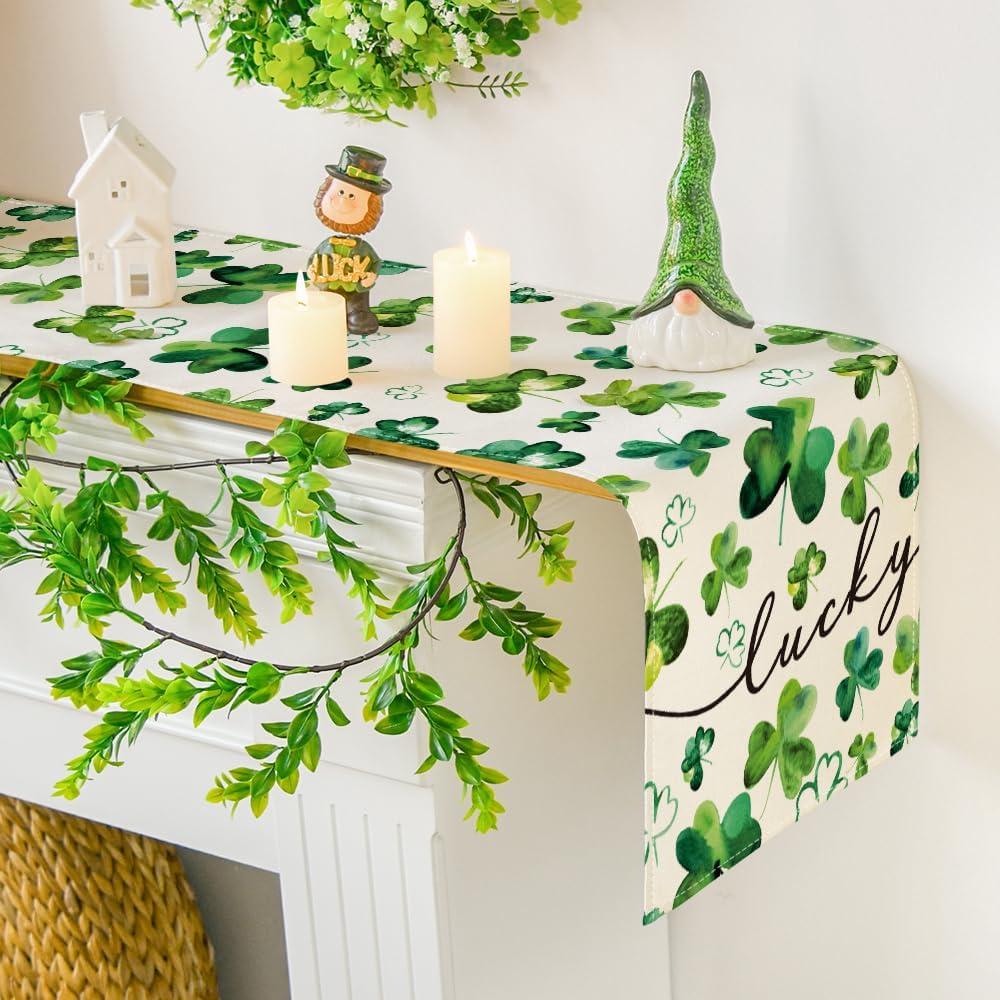 imageArtoid Mode Shamrock Lucky St Patricks Day Table Runner Spring Holiday Kitchen Dining Table Decor for Indoor Outdoor Home Party Decor 13 x 72 InchGreen