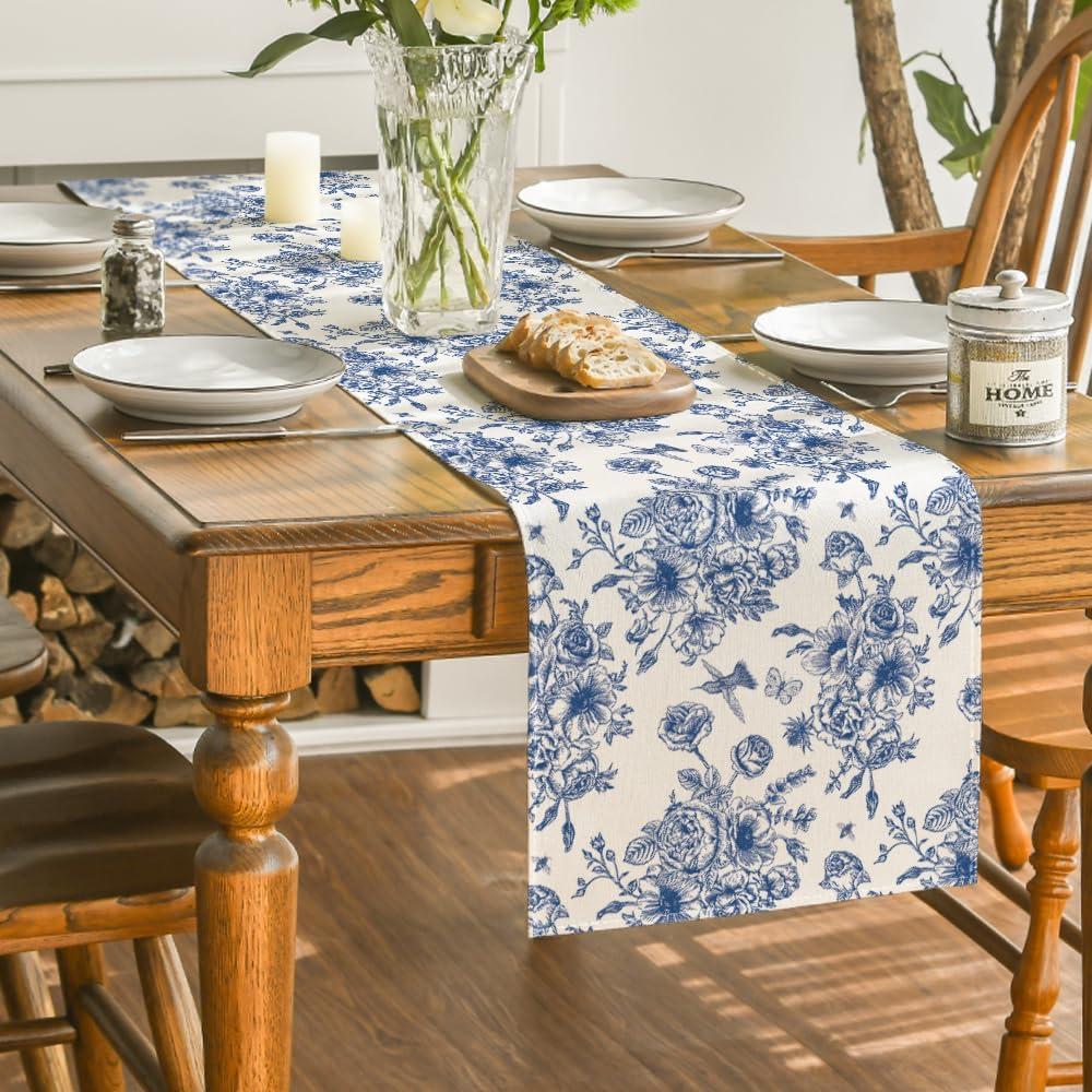 imageArtoid Mode Spring Navy Blue Floral Chinoiserie Table Runner Seasonal Summer Kitchen Dining Table Decoration for Home Party Decor 13x72 InchBlueBeige