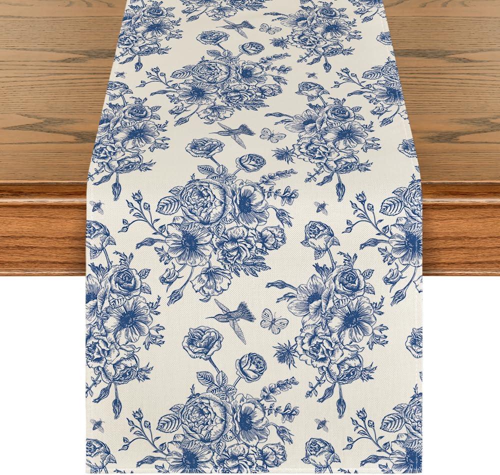 imageArtoid Mode Spring Navy Blue Floral Chinoiserie Table Runner Seasonal Summer Kitchen Dining Table Decoration for Home Party Decor 13x72 InchBlueBeige