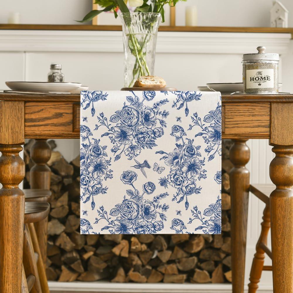 imageArtoid Mode Spring Navy Blue Floral Chinoiserie Table Runner Seasonal Summer Kitchen Dining Table Decoration for Home Party Decor 13x72 InchBlueBeige