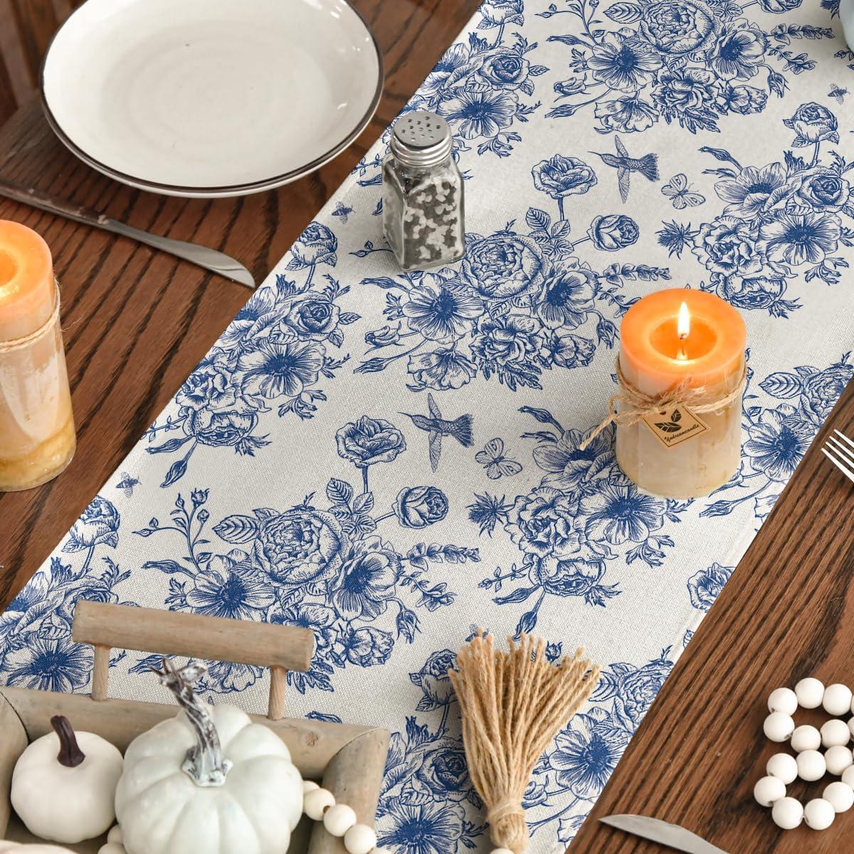 imageArtoid Mode Spring Navy Blue Floral Chinoiserie Table Runner Seasonal Summer Kitchen Dining Table Decoration for Home Party Decor 13x72 InchBlueBeige