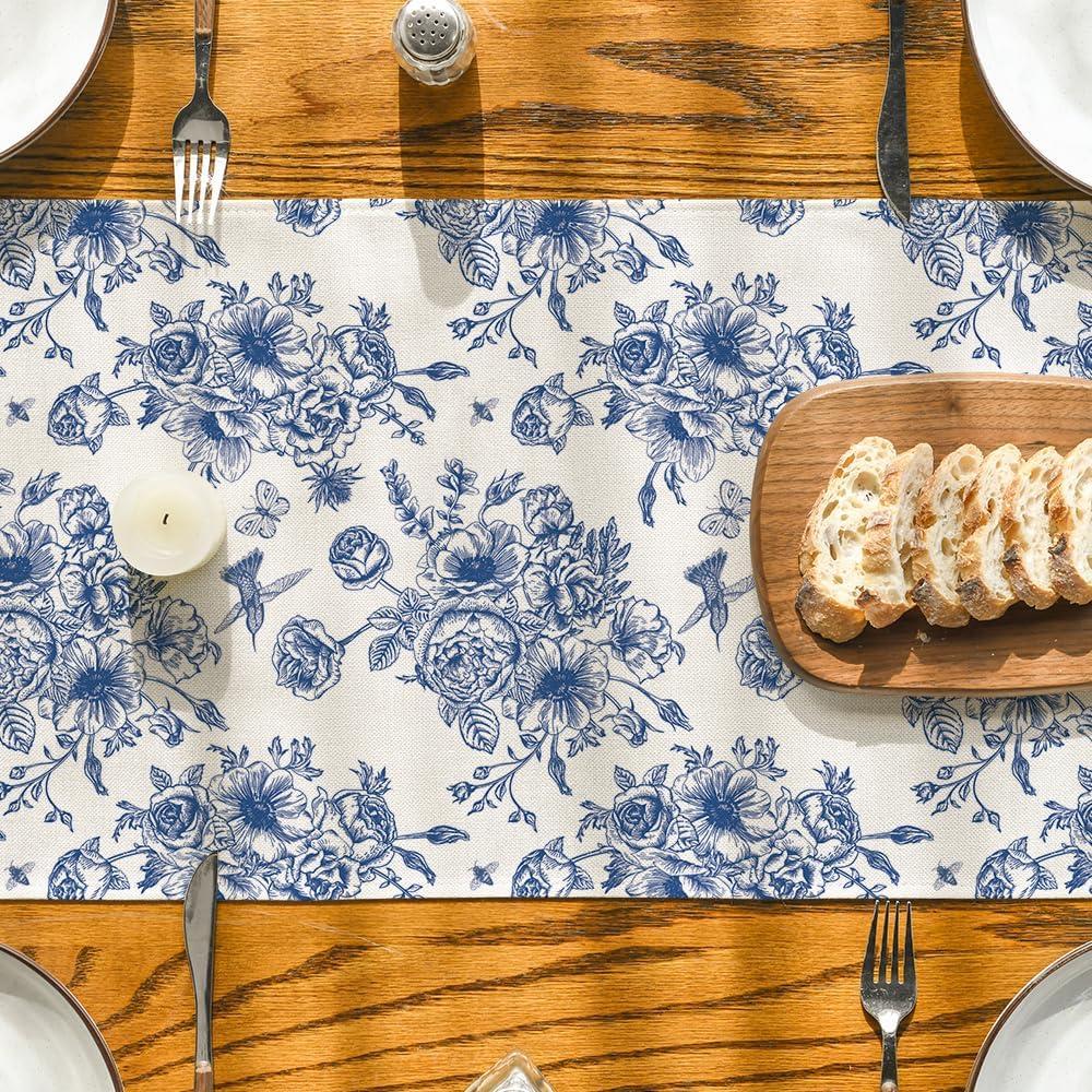 imageArtoid Mode Spring Navy Blue Floral Chinoiserie Table Runner Seasonal Summer Kitchen Dining Table Decoration for Home Party Decor 13x72 InchBlueBeige