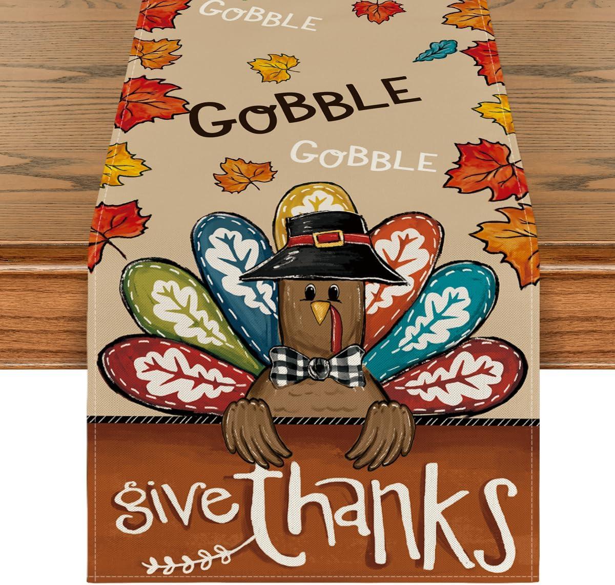imageArtoid Mode Turkey Give Thanks Thanksgiving Table Runner Seasonal Fall Autumn Kitchen Dining Table Decoration for Home Party Decor 13x72 InchBrown