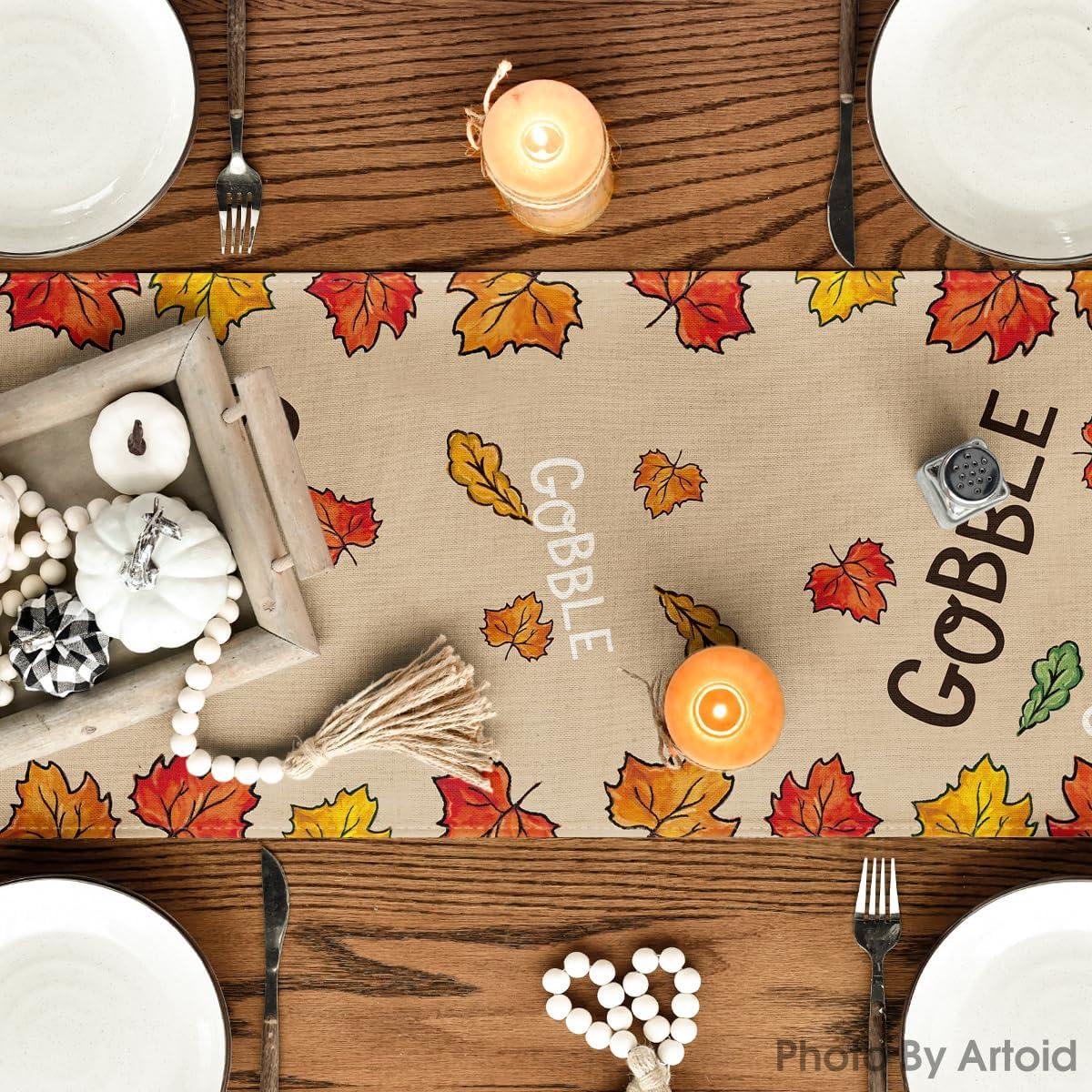 imageArtoid Mode Turkey Give Thanks Thanksgiving Table Runner Seasonal Fall Autumn Kitchen Dining Table Decoration for Home Party Decor 13x72 InchBrown