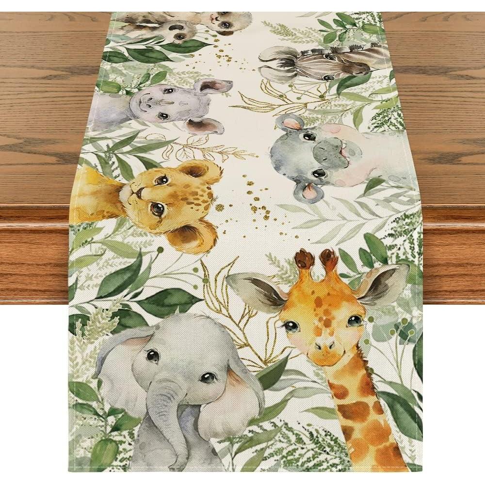 imageArtoid Mode Animals Elephant Giraffe BabyShower Table Runner Seasonal Spring Summer Kitchen Dining Table for Home Party Decor 13x72 InchGreen