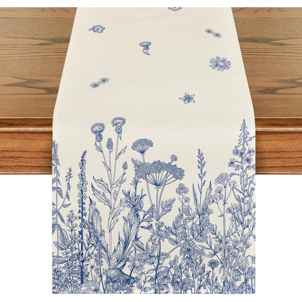 imageArtoid Mode Antique Herbs and Wild Flowers Summer Table Runner Spring Fall Kitchen Dining Table Decoration for Home Party 13x72 InchBlue