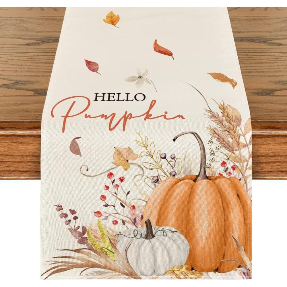 imageArtoid Mode Aqua Hello Pumpkin Leaves Fall Table Runner Seasonal Autumn Kitchen Dining Table Decoration for Home Party Decor 13x72 InchOrange