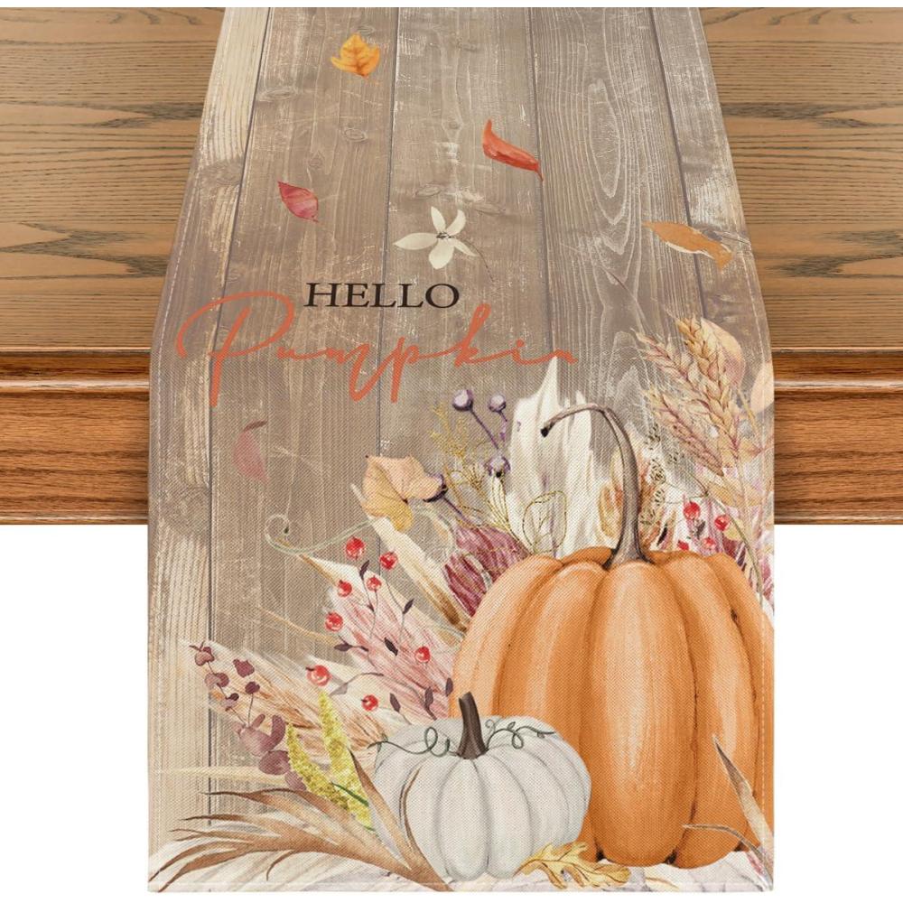 imageArtoid Mode Aqua Hello Pumpkin Leaves Fall Table Runner Seasonal Autumn Kitchen Dining Table Decoration for Home Party Decor 13x72 InchWoodorange