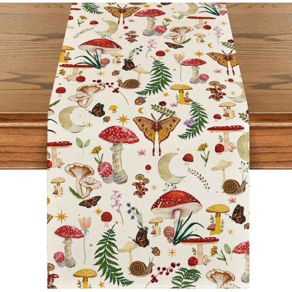 imageArtoid Mode Beige Modern Mushroom Table Runner Seasonal Botanic Farmhouse Kitchen Dining Table Decoration for Home Party Decor 13x72 InchBeige