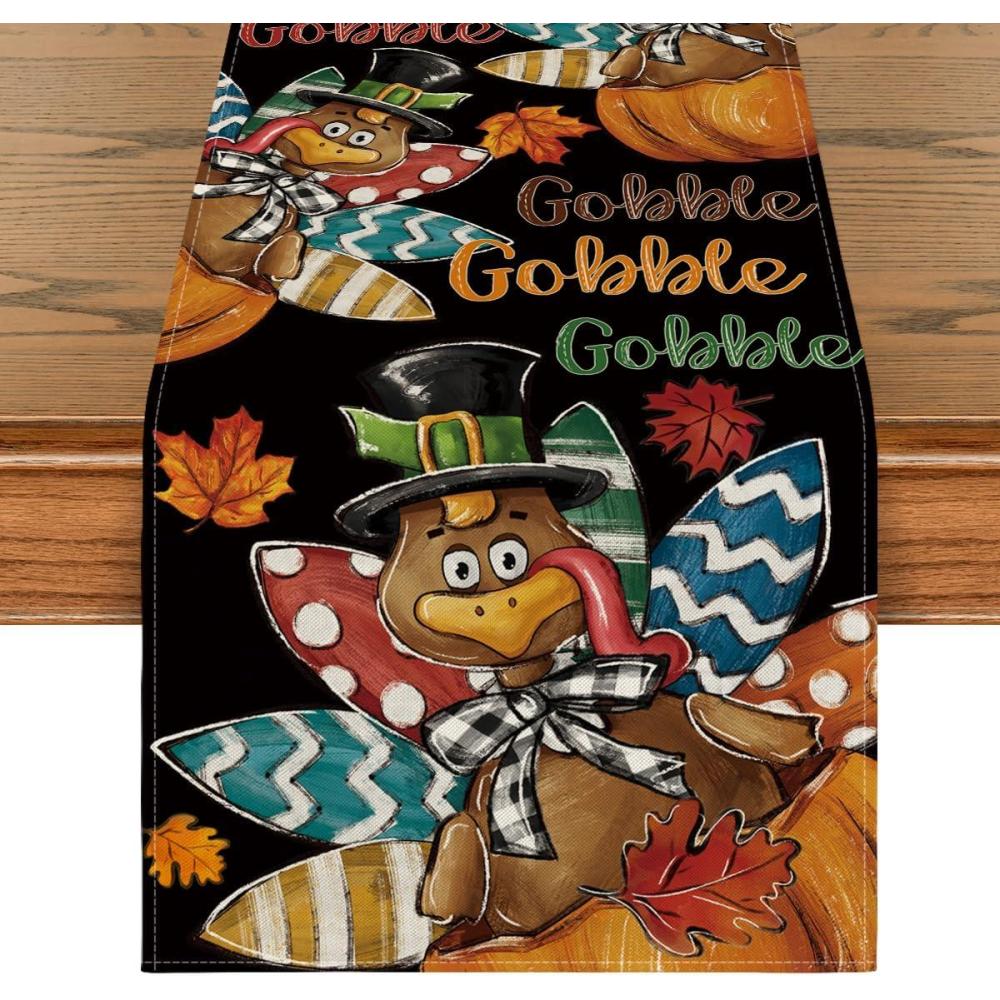 imageArtoid Mode Black Gobble Turkey Pumpkin Thanksgiving Table Runner Fall Autumn Harvest Kitchen Dining Table Decoration for Home Party Decor 13x72 InchBlack