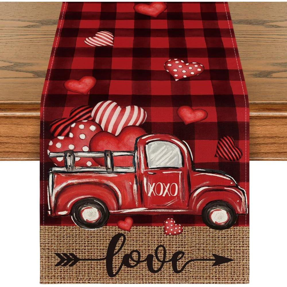 imageArtoid Mode Black Red Buffalo Plaid Hearts Truck Love Valentines Day Table Runner Kitchen Dining Table Decoration for Home Party Decor 13x72 InchRed  Black