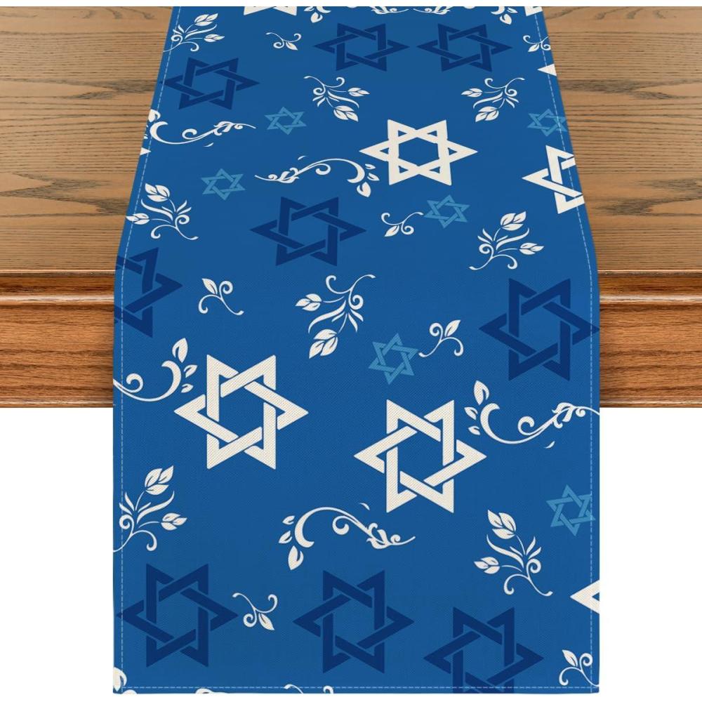 imageArtoid Mode Blue Hexagram Hanukkah Table Runner Star of David Jewish Menorah Passover Holiday Kitchen Dining Table Decoration for Indoor Outdoor Home Party Decor 13 x 72 InchBlue
