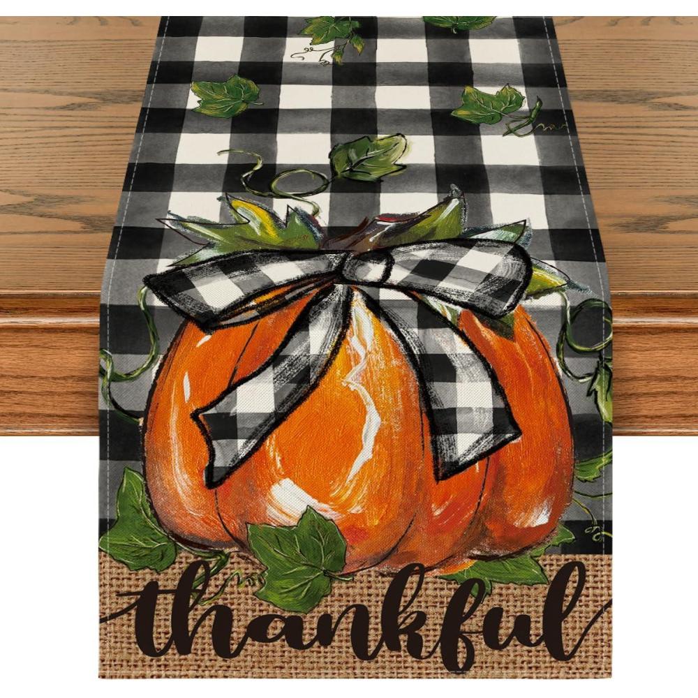 imageArtoid Mode Buffalo Plaid Bowknot Pumpkin Thankful Fall Table Runner Autumn Thanksgiving Kitchen Dining Table Decoration for Home Party Decor 13x72 InchLinen