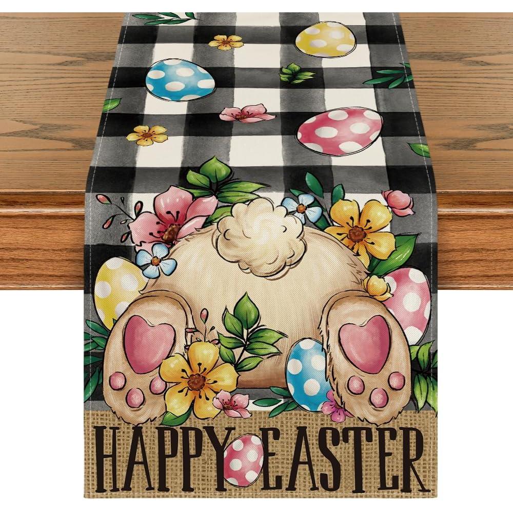 imageArtoid Mode Buffalo Plaid Bunny Egg Flowers Happy Easter Table Runner Seasonal Spring Kitchen Dining Table Decor for Home Party Decor 13x72 InchBlack