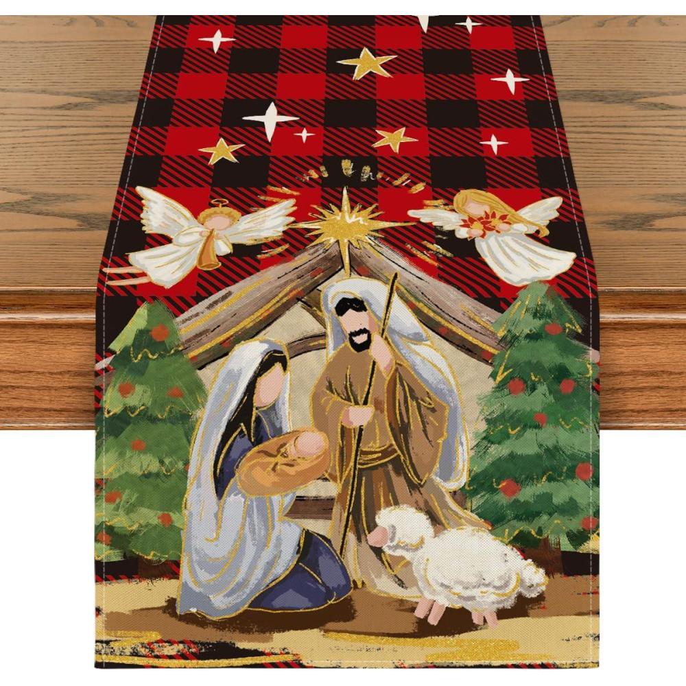 imageArtoid Mode Buffalo Plaid Kogiya Shepherd Christmas Table Runner Winter O Holy Night Xmas Kitchen Dining Table Decoration for Home Party Decor 13x72 InchRed  Black