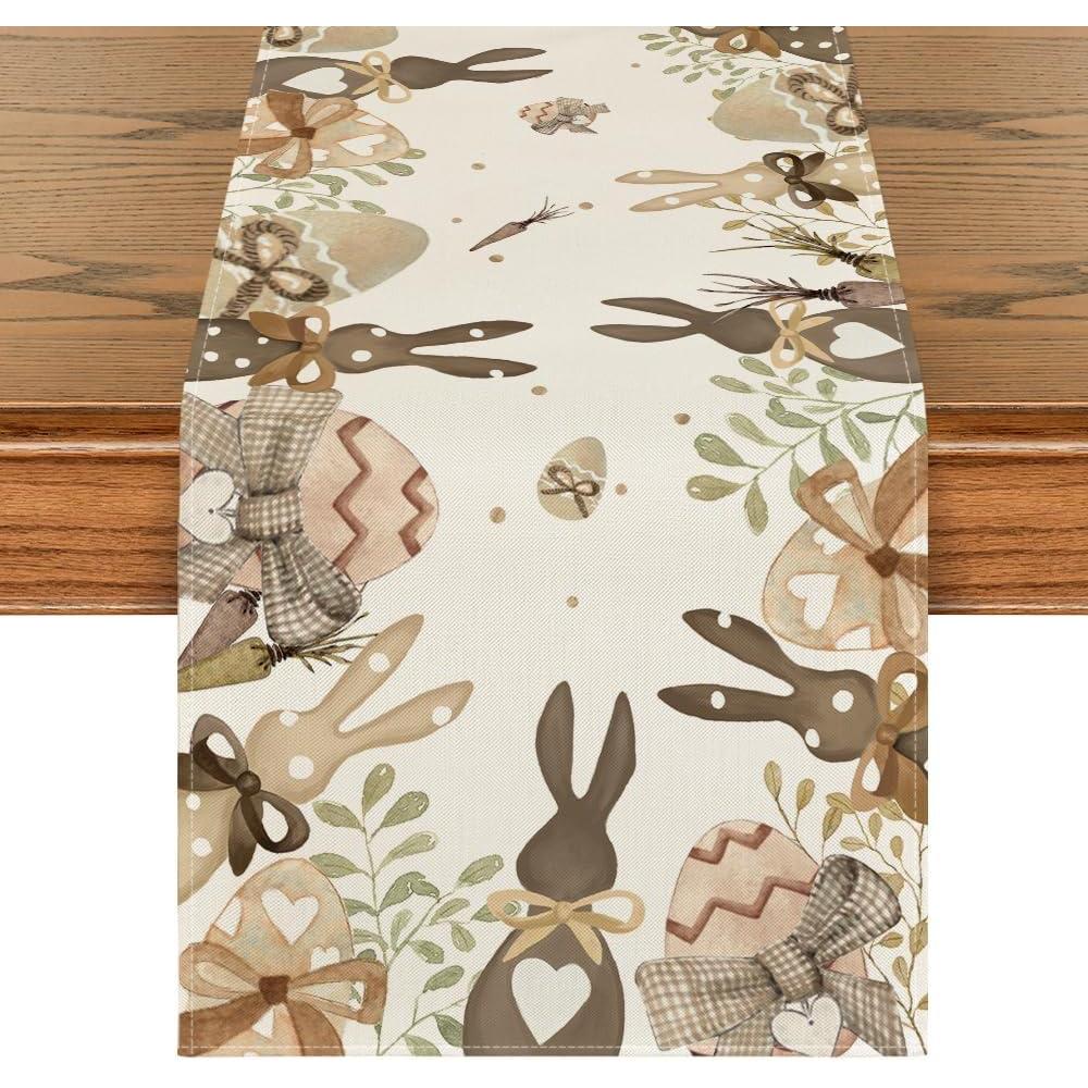 imageArtoid Mode Bunny Egg Carrot Bowknot Leaves Easter Table Runner Seasonal Spring Kitchen Dining Table Decoration for Home Party Decor 13x72 InchBrown