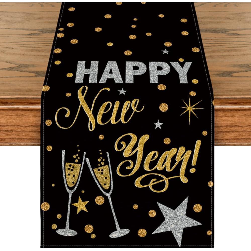 imageArtoid Mode Cheers Black and Gold 2025 Happy New Year Table Runner Xmas Winter Holiday Kitchen Dining Table Decoration for Indoor Outdoor Home Party Decor 13 x 72 Inch13 x 72