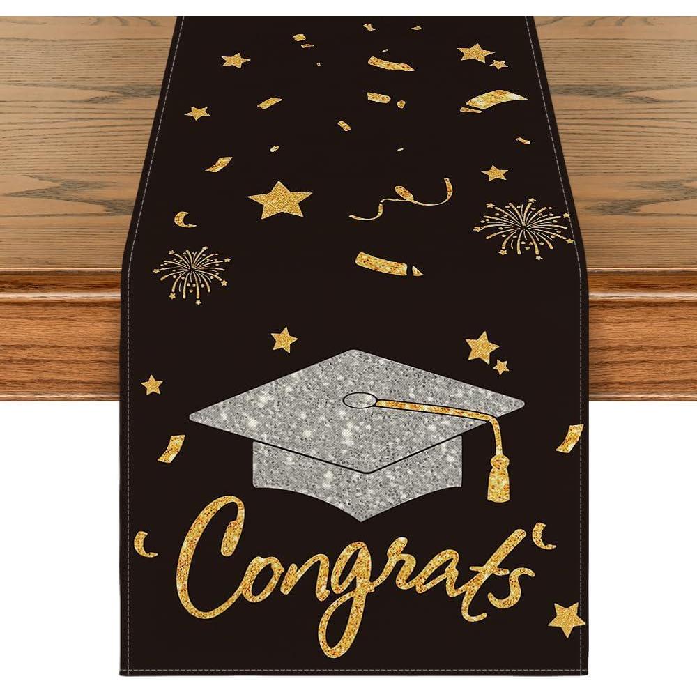 imageArtoid Mode Congrats Table Runner Diploma Cap 2025 Graduation Holiday Kitchen Dining Table Runners for Home Party Decor 13 x 36 InchBlack