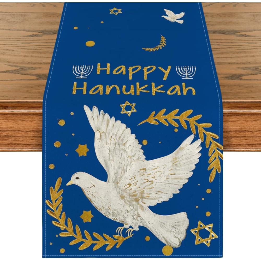 imageArtoid Mode Dove Hexagram Happy Hanukkah Table Runner Chanukah Kitchen Dining Table Decoration for Home Party Decor 13x72 Inch