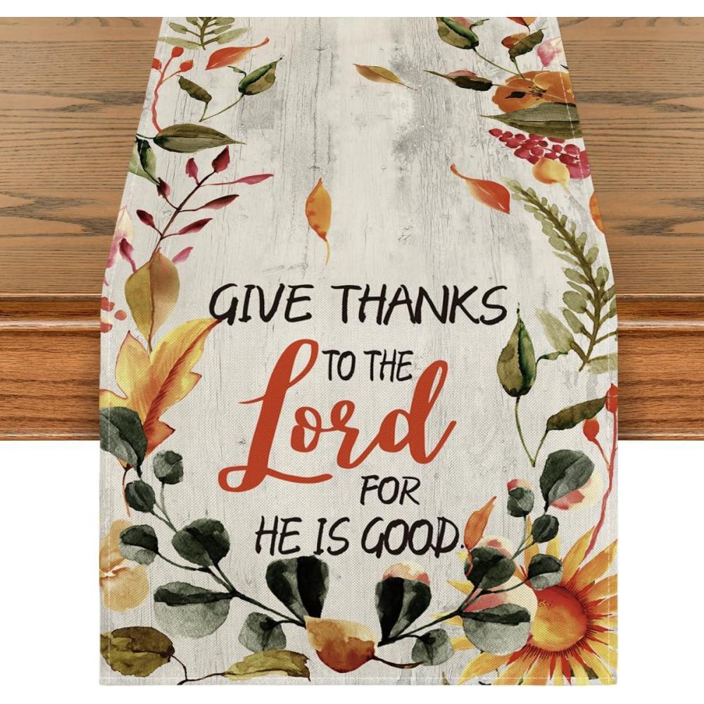 imageArtoid Mode Give Thanks to The Lord for He is Good Leaves Thanksgiving Table Runner Fall Harvest Holiday Kitchen Dining Table Decoration for Indoor Outdoor Home Party Decor 13 x 72 InchBeige