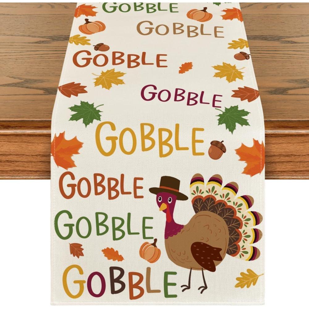imageArtoid Mode Gobble Turkey Maple Leaves Thanksgiving Table Runner Seasonal Fall Harvest Holiday Kitchen Dining Table Decoration for Indoor Outdoor Home Party Decor 13 x 72 InchTable Runner 13 x 48