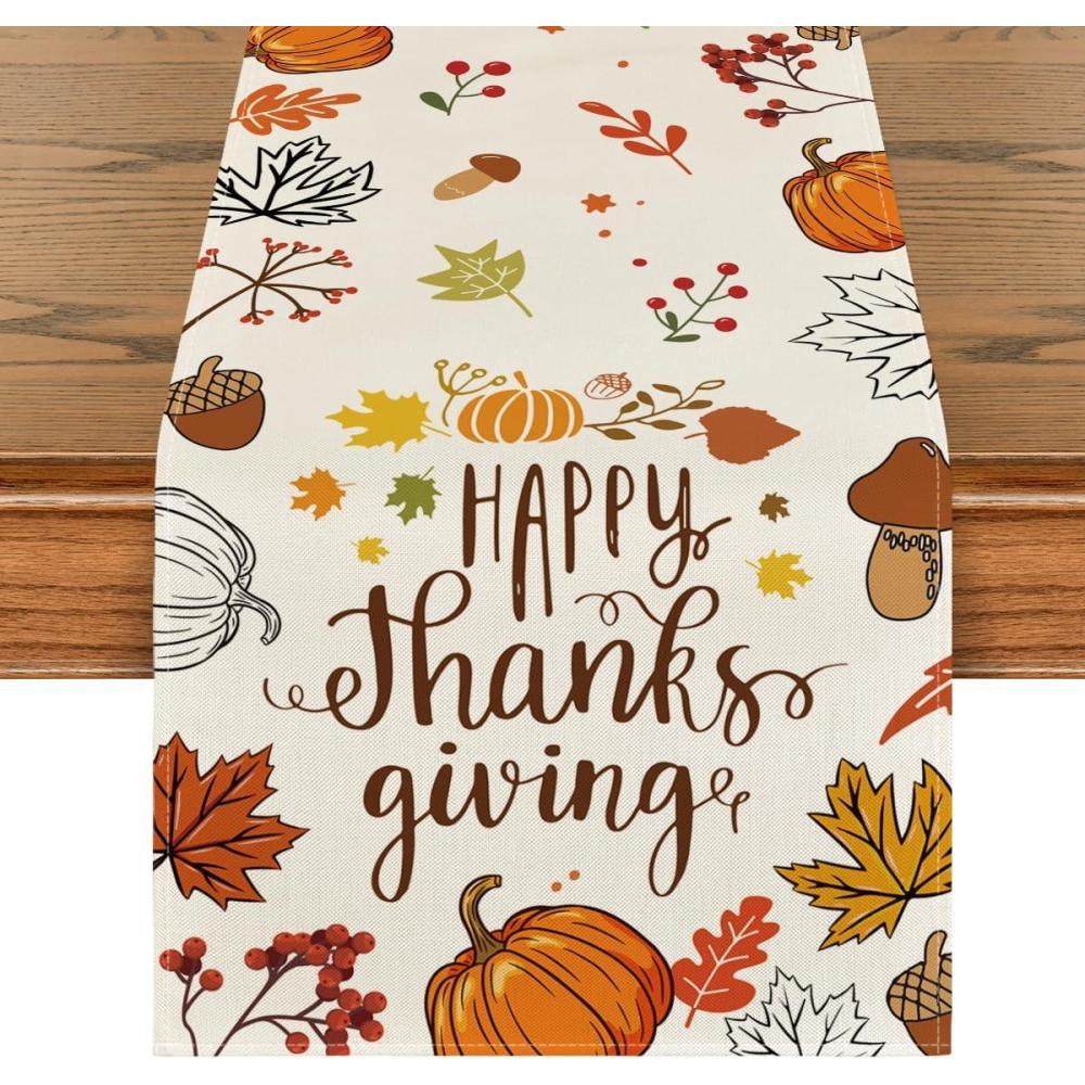 imageArtoid Mode Happy Thanks Giving Pumpkin Maple Leaves Thanksgiving Table Runner Autumn Fall Kitchen Dining Table Decoration for Home Party Decor 13x72 Inch