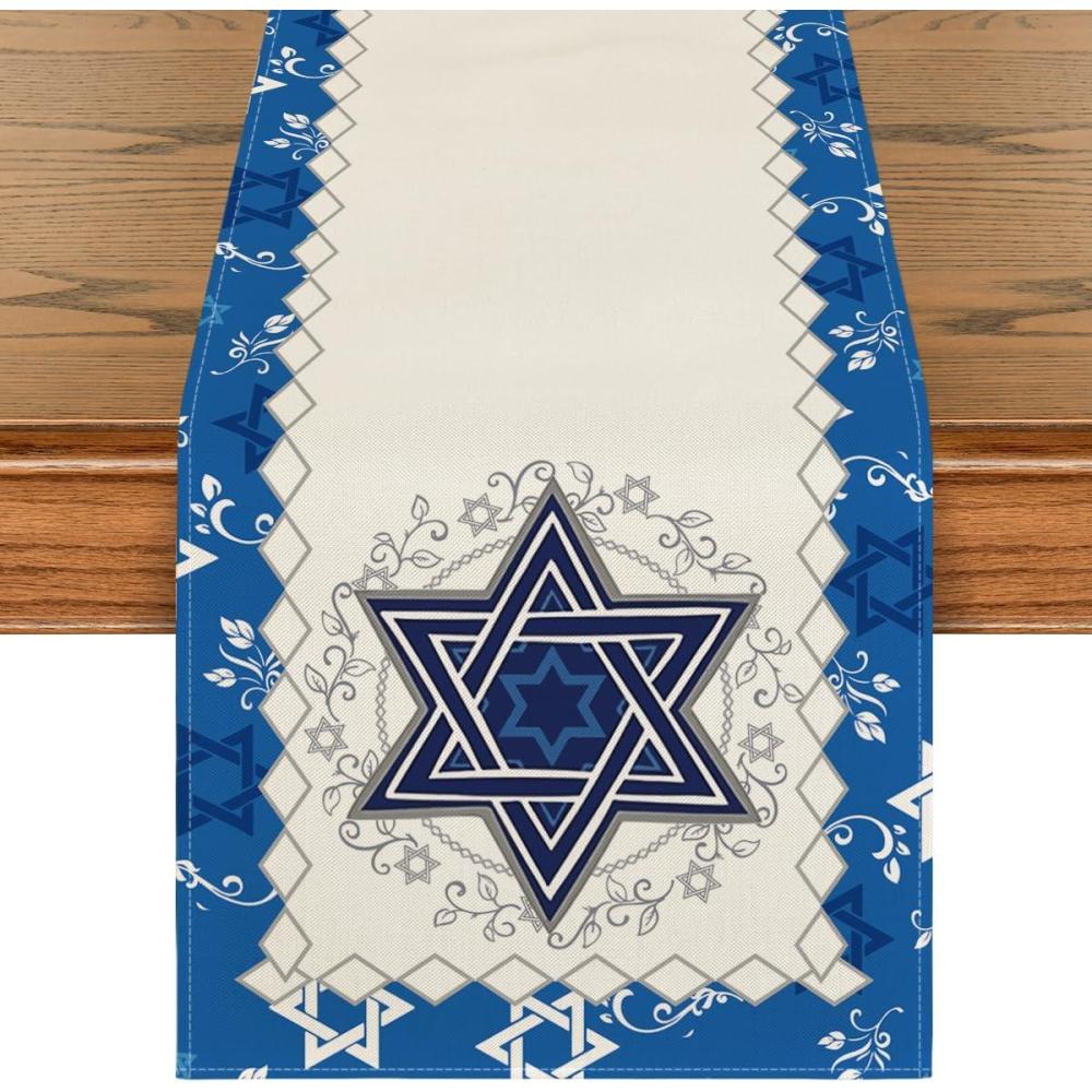 imageArtoid Mode Hexagram Hanukkah Table Runner Star of David Jewish Menorah Passover Chanukah Holiday Kitchen Dining Table Decoration for Indoor Outdoor Home Party Decor 13 x 72 InchBlue