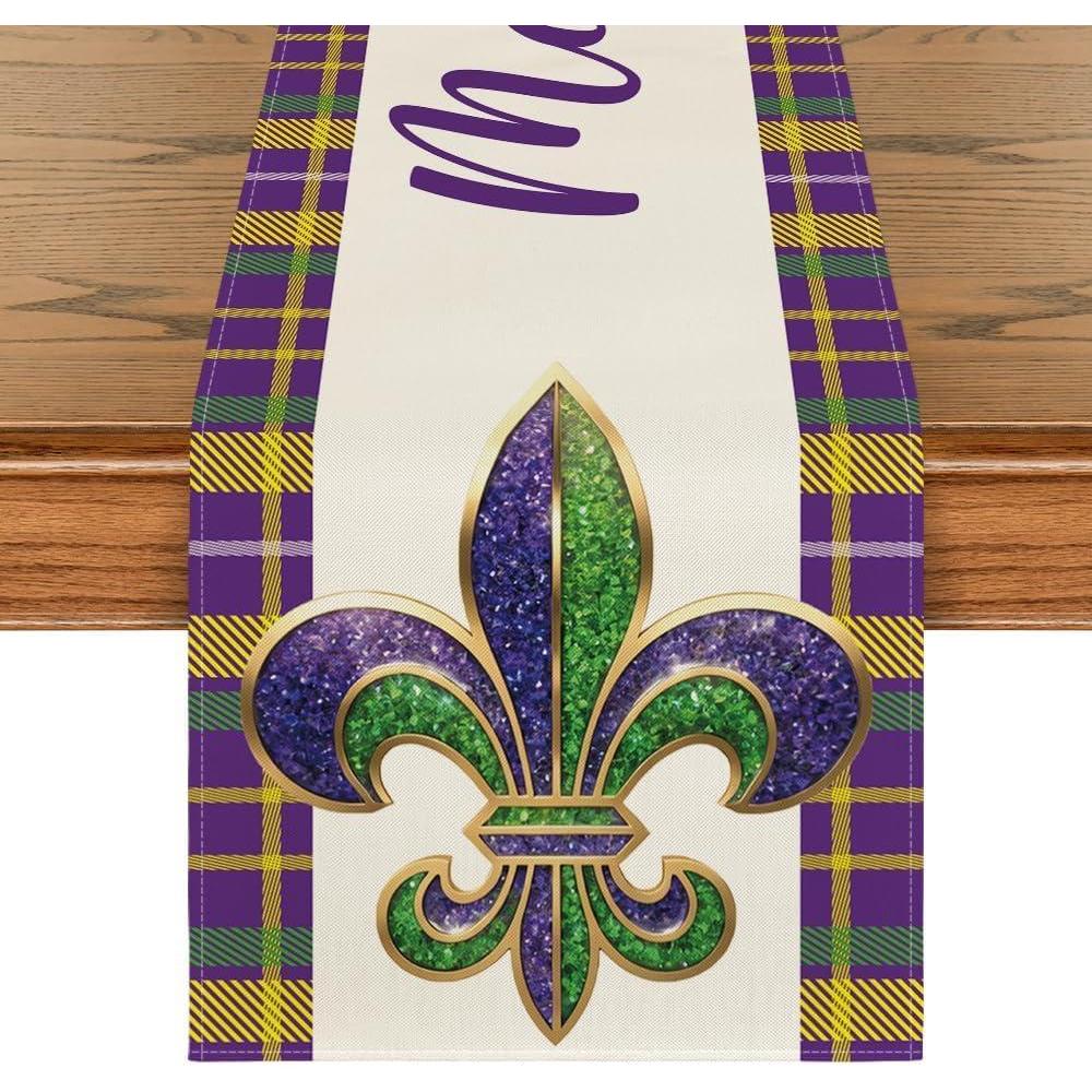 imageArtoid Mode Iris Stripes Mardi Gras Carnival Table Runner Seasonal Holiday Kitchen Dining Table Decoration for Home Party Decor 13x72 InchIrisStripes