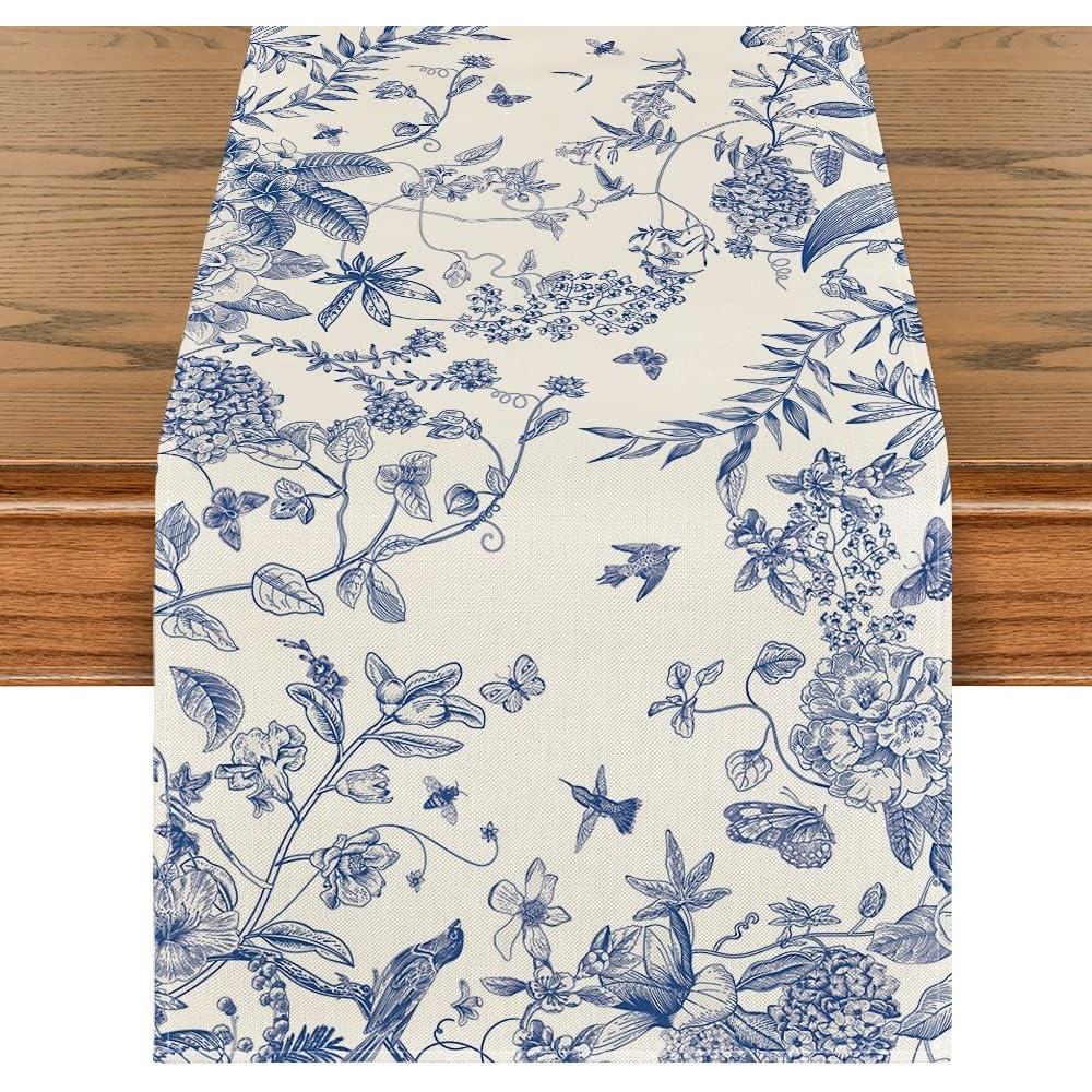 imageArtoid Mode Monochrome Sketch Birds and Flowers Spring Table Runner Seasonal Summer Fall Kitchen Dining Table Decoration for Home Party Decor 13x72 InchBlueBeige