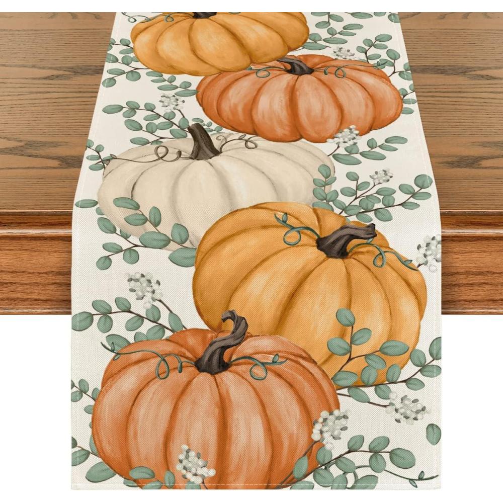 imageArtoid Mode Orange Pumpkins Eucalyptus Leaves Fall Table Runner Autumn Thanksgiving Kitchen Dining Table Decoration for Home Party Decor 13x72 InchOrange