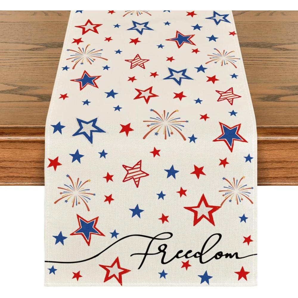 imageArtoid Mode Patriotic Freedom Stars 4th of July Table Runner Memorial Day Holiday Kitchen Dining Table Decor for Indoor Outdoor Home Party Decoration 13 x 72 InchCream