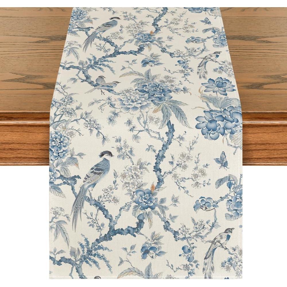 imageArtoid Mode Peacock Flower Chinoiserie Pompon Fall Table Runner Seasonal Modern Kitchen Dining Table Decoration for Home Party Decor 13x72 InchBlueWhite