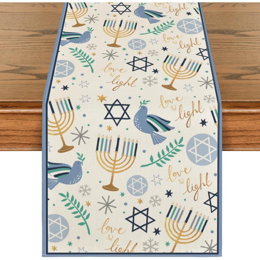 imageArtoid Mode Pigeon Olive Branch Hanukkah Menorah Table Runner Seasonal Chanukah Kitchen Dining Table Decoration for Outdoor Home Party 13x72 InchBeige