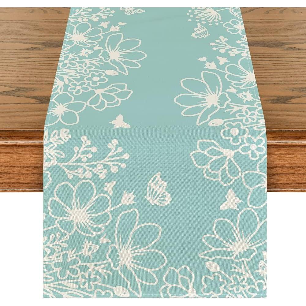imageArtoid Mode Pink Bloom Flowers Butterfly Spring Table Runner Seasonal Holiday Kitchen Dining Table Decoration for Home Party Indoor 13x72 InchBlue