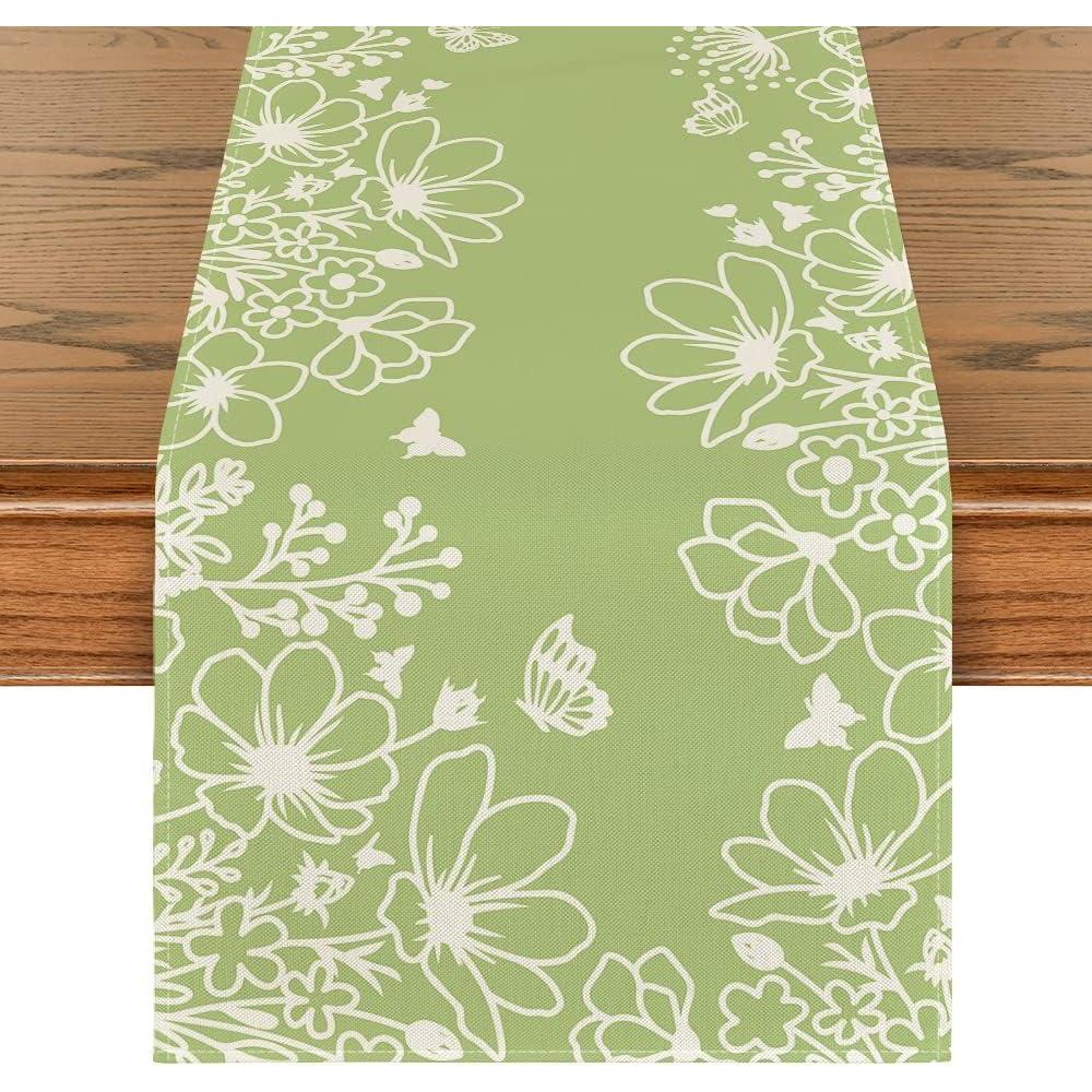 imageArtoid Mode Pink Bloom Flowers Butterfly Spring Table Runner Seasonal Holiday Kitchen Dining Table Decoration for Home Party Indoor 13x72 InchGreen