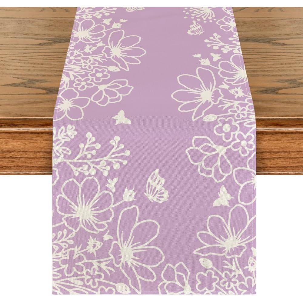 imageArtoid Mode Pink Bloom Flowers Butterfly Spring Table Runner Seasonal Holiday Kitchen Dining Table Decoration for Home Party Indoor 13x72 InchPurple