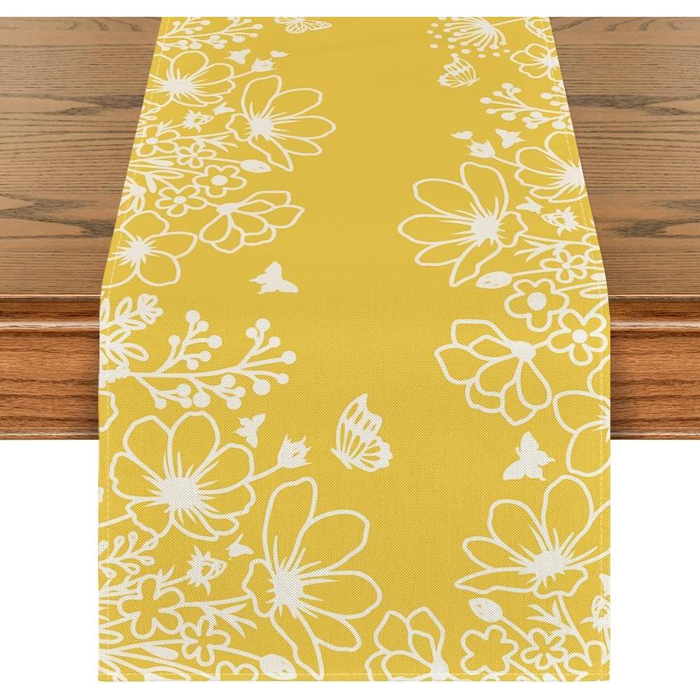 imageArtoid Mode Pink Bloom Flowers Butterfly Spring Table Runner Seasonal Holiday Kitchen Dining Table Decoration for Home Party Indoor 13x72 InchYellow