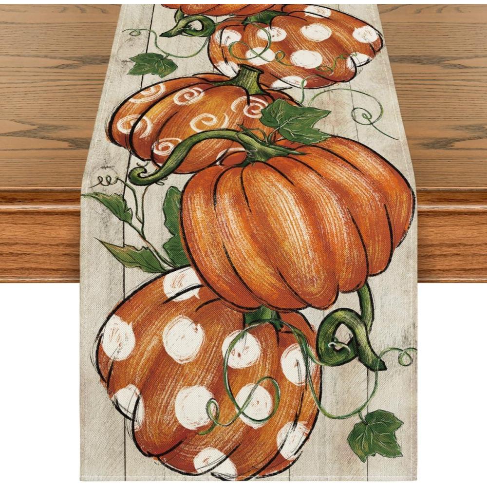 imageArtoid Mode Polka Dot Pumpkins Vine Fall Table Runner Seasonal Autumn Thanksgiving Kitchen Dining Table Decoration for Home Party Decor 13x72 InchLightcolored Wood