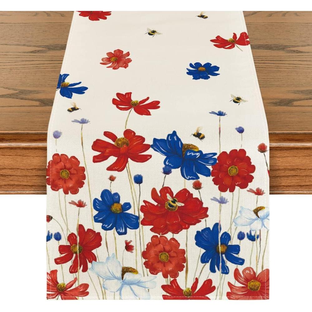 imageArtoid Mode Poppy Floral Bee 4th of July Patriotic Memorial Day Table Runner Independence Day Kitchen Dining Table Decoration for Home Party Decor 13x72 Inch