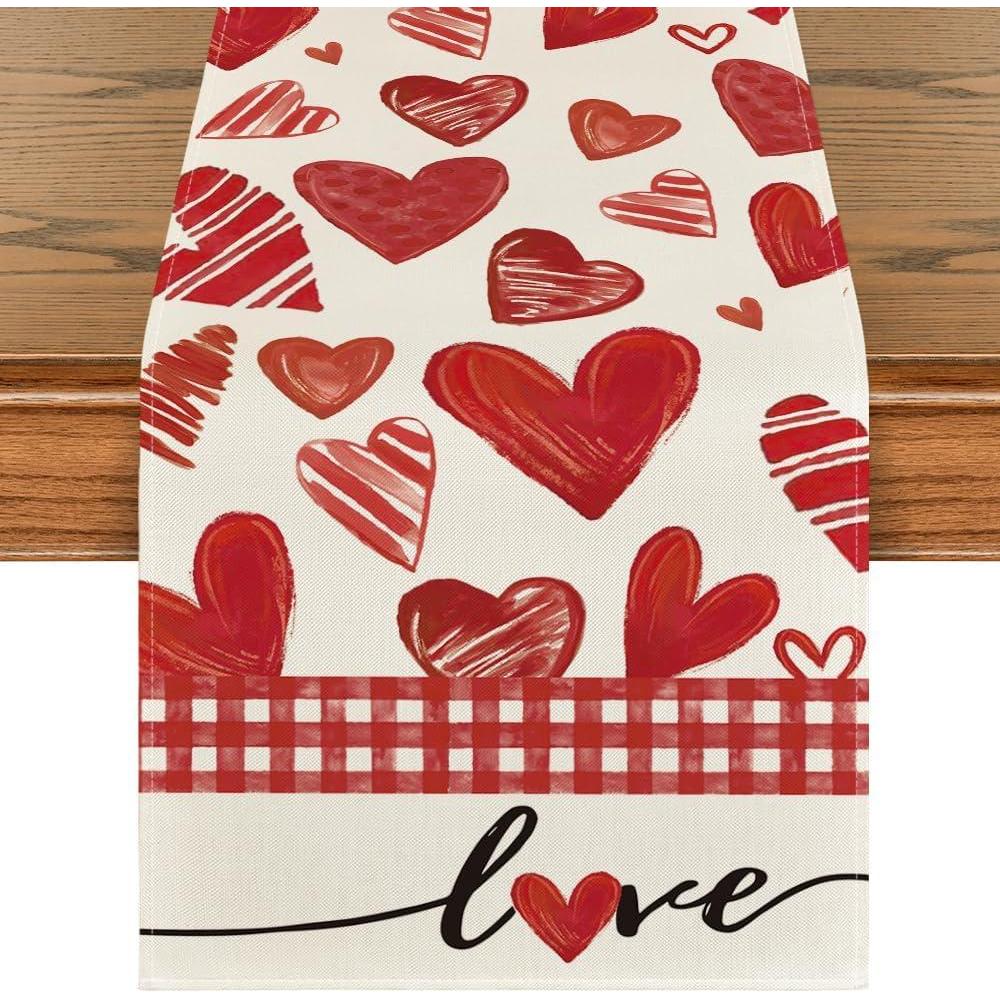 imageArtoid Mode Red Buffalo Plaid Love Heart Valentines Table Runner Anniversary Kitchen Dining Table Decoration for Home Party Decor 13x72 InchRed