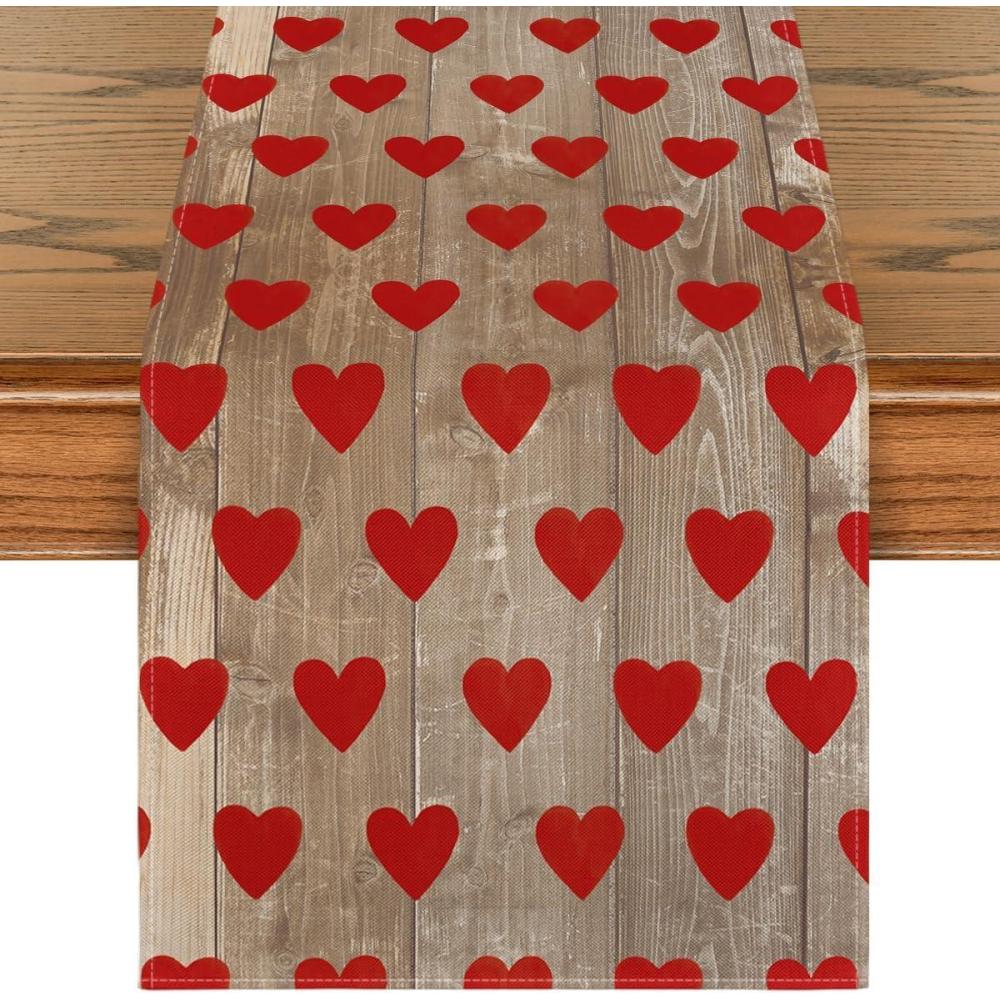 imageArtoid Mode Red Love Heart Valentines Day Table Runner Seasonal Anniversary Kitchen Dining Table Decoration for Indoor Home Party 13x72 InchWood