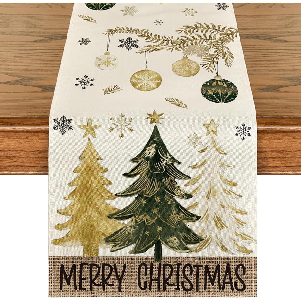 imageArtoid Mode Red Pine Trees Merry Christmas Table Runner Winter Xmas Holiday Kitchen Dining Table Decoration for Home Party Decor 13x72 InchBeigegold