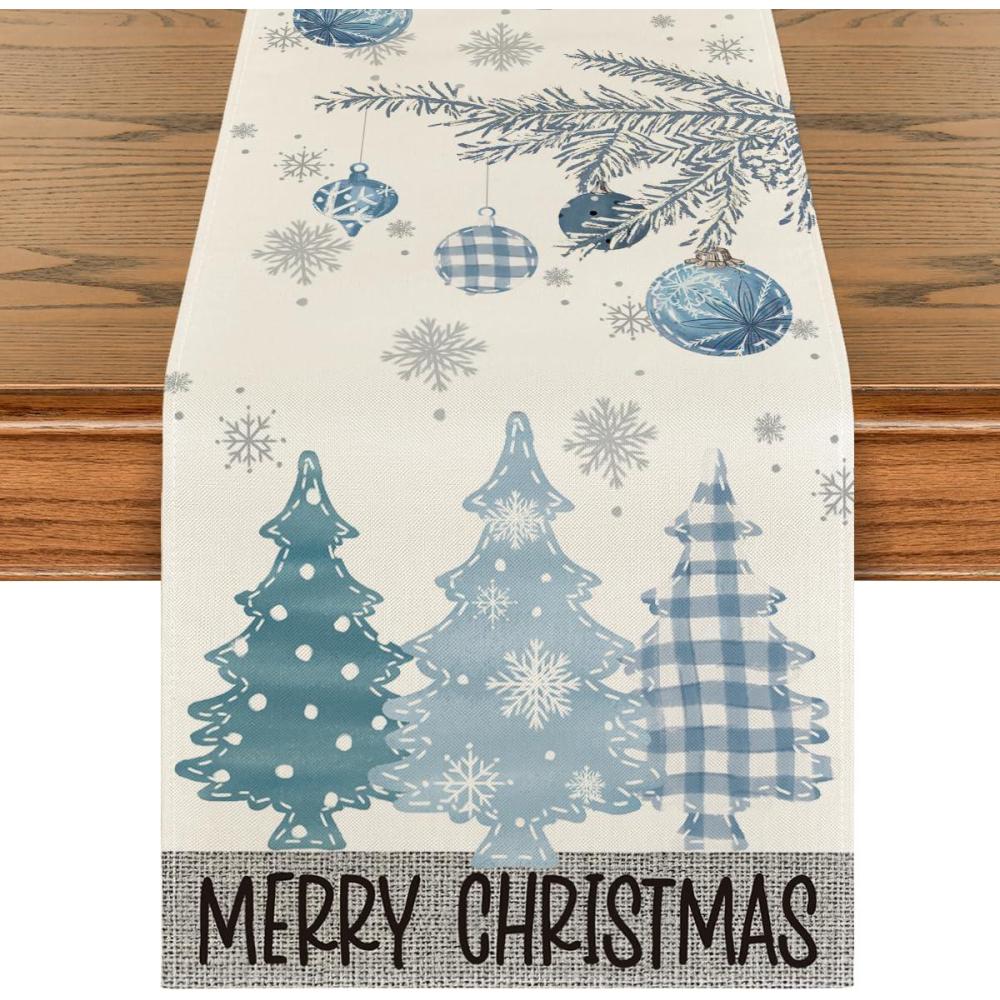 imageArtoid Mode Red Pine Trees Merry Christmas Table Runner Winter Xmas Holiday Kitchen Dining Table Decoration for Home Party Decor 13x72 InchBlue